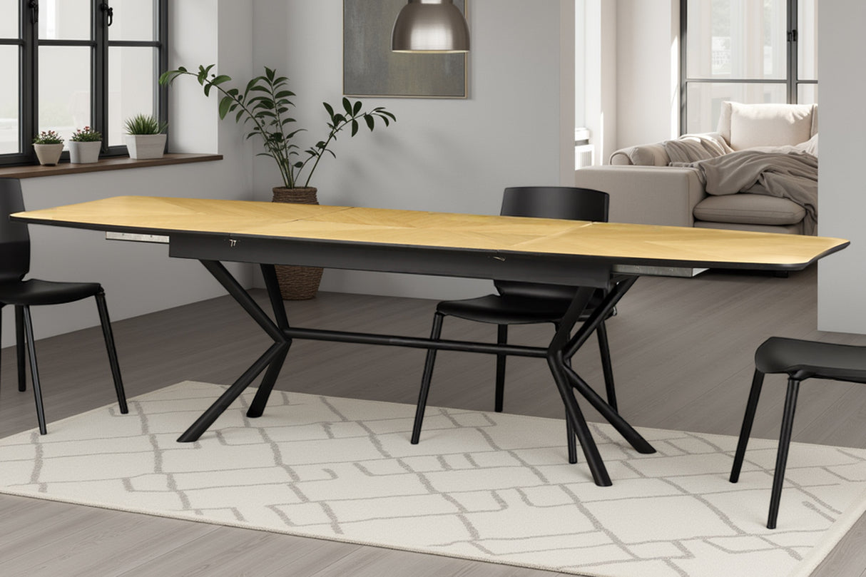 Dining table GRANDEZZA 180-270cm extendable natural oak wood look w/ black metal frame