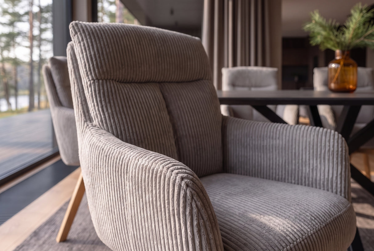 Swivel chair BIG GEORGE 360° rotatable beech wood frame w/ armrests spring core cord greige