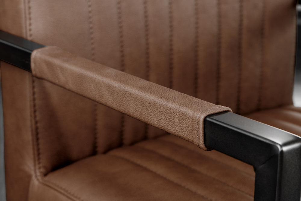 Cantilever chair BIG ASTON w/ armrests spring core black metal legs leather vintage brown