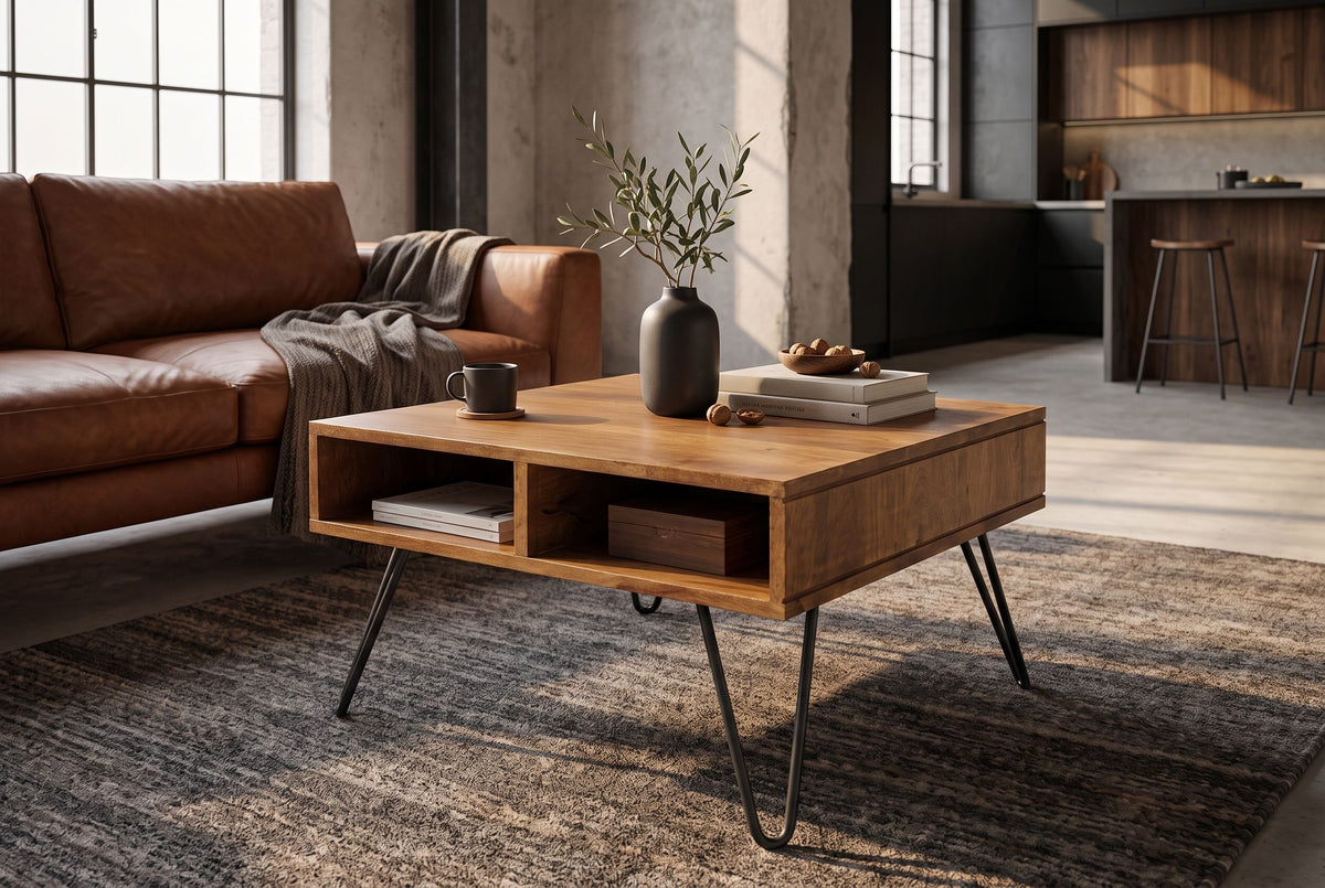 Couchtisch SCORPION 60 cm mit Stauraum und Hairpin-Beinen Mangoholz honigfarbenes Finish