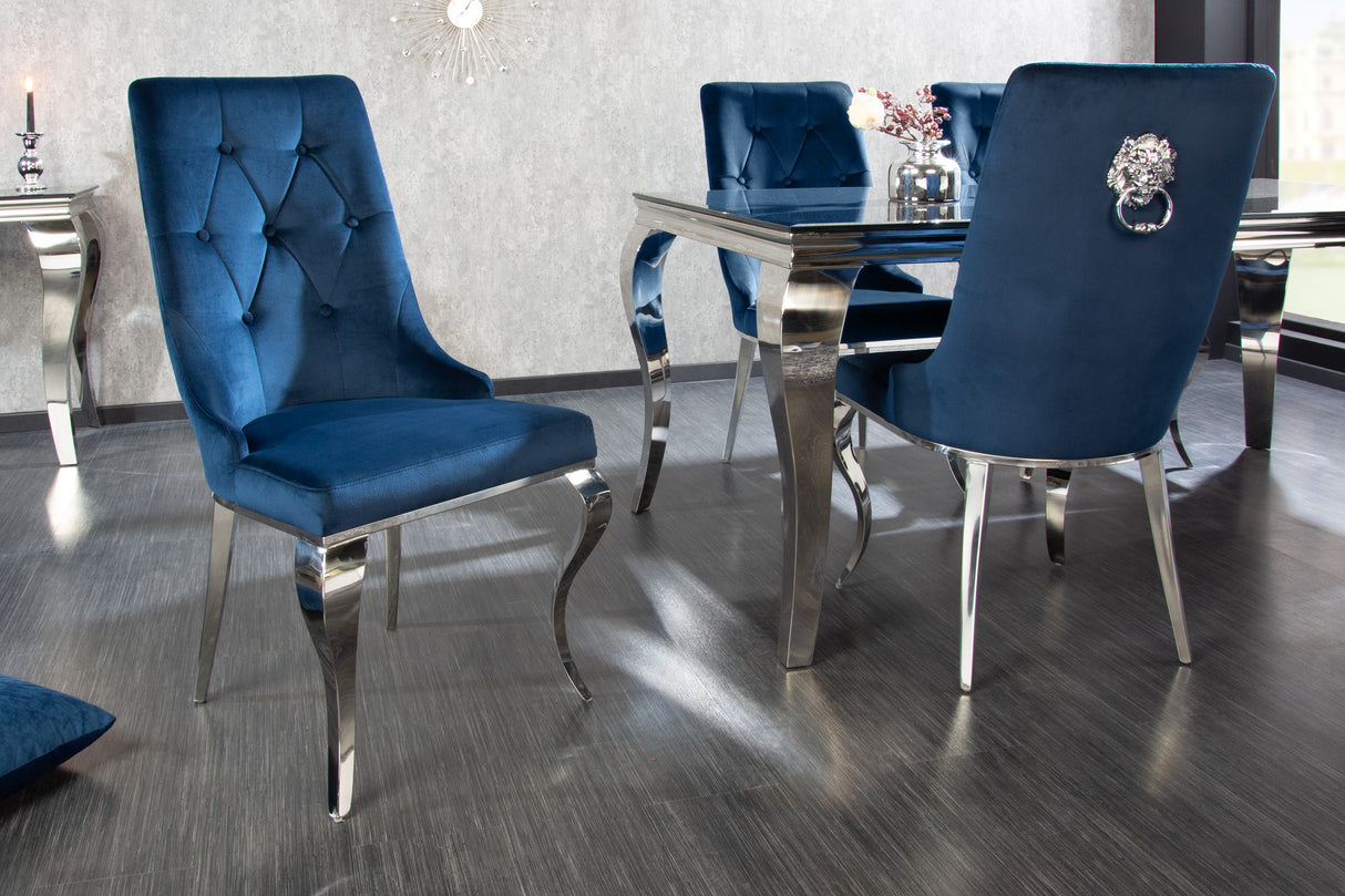 Chair MODERN BAROCK w/ silver legs and lion's head velvet royal blue