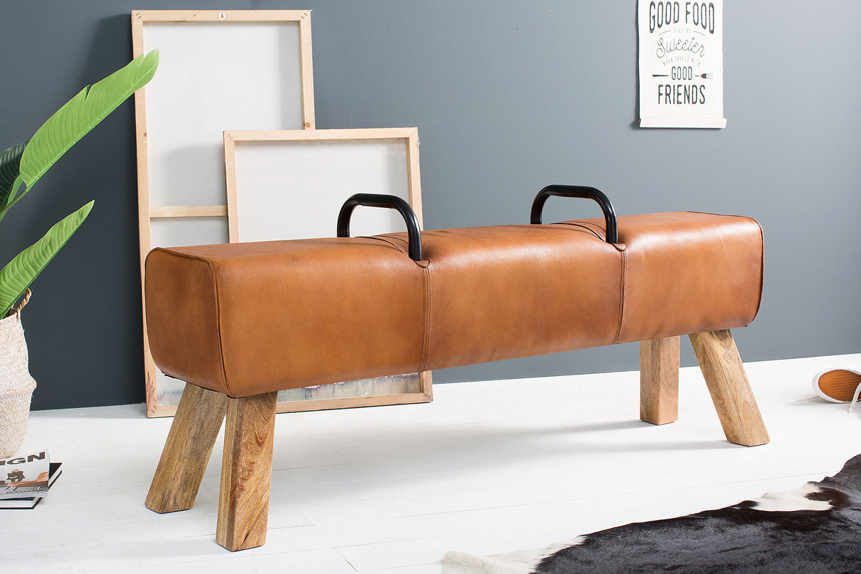 Bench BOCK 134cm with handles genuine leather light brown