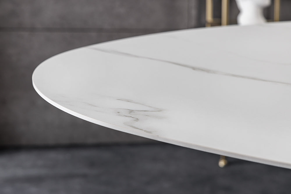 Dining table SCULPTURE 280cm oval frame black w/ ceramic top white marble look