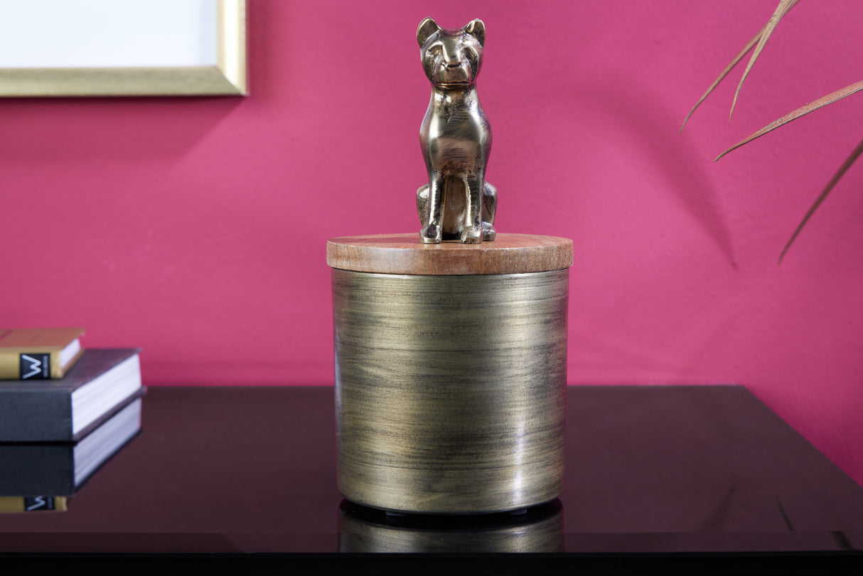 Skulptur Zinn PANTHER 20cm Eisen gold Mangoholz natur