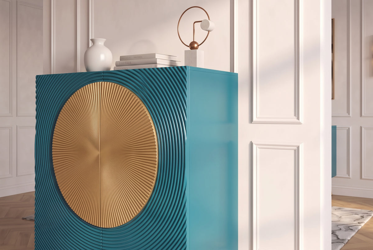 Highboard AURUM 120cm textured front gold circle accent mango wood turquoise gold metal feet