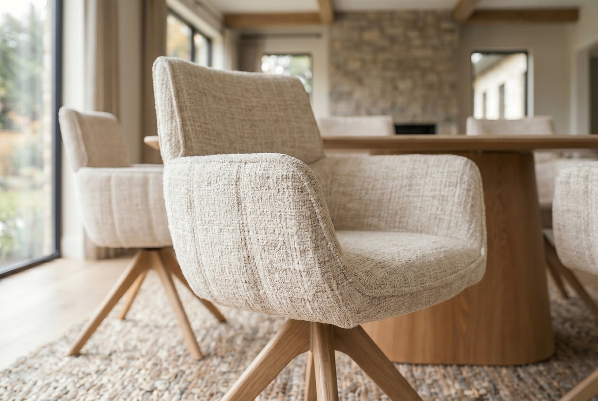 Swivel chair UNIQUE 180° auto-return w/ armrests chenille fabric beige natural