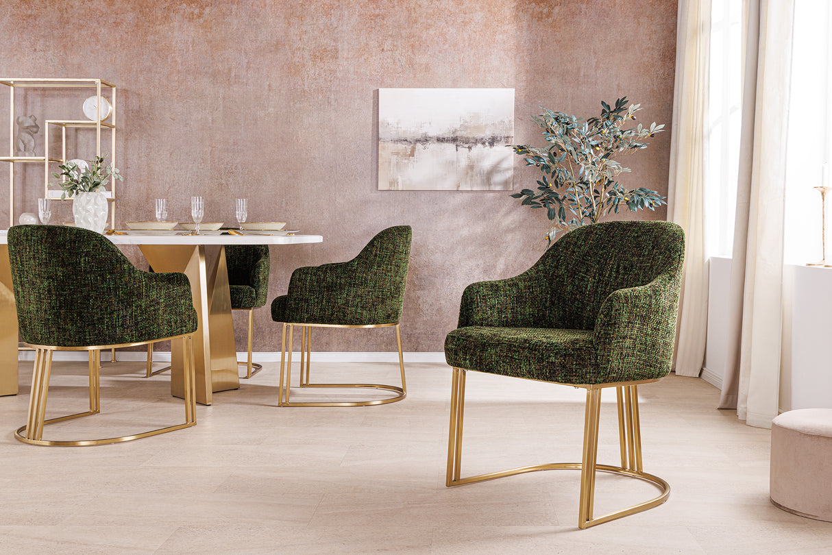 Chair EXTRAVAGANCIA dark green chenille fabric w/ armrests and champagne golden frame