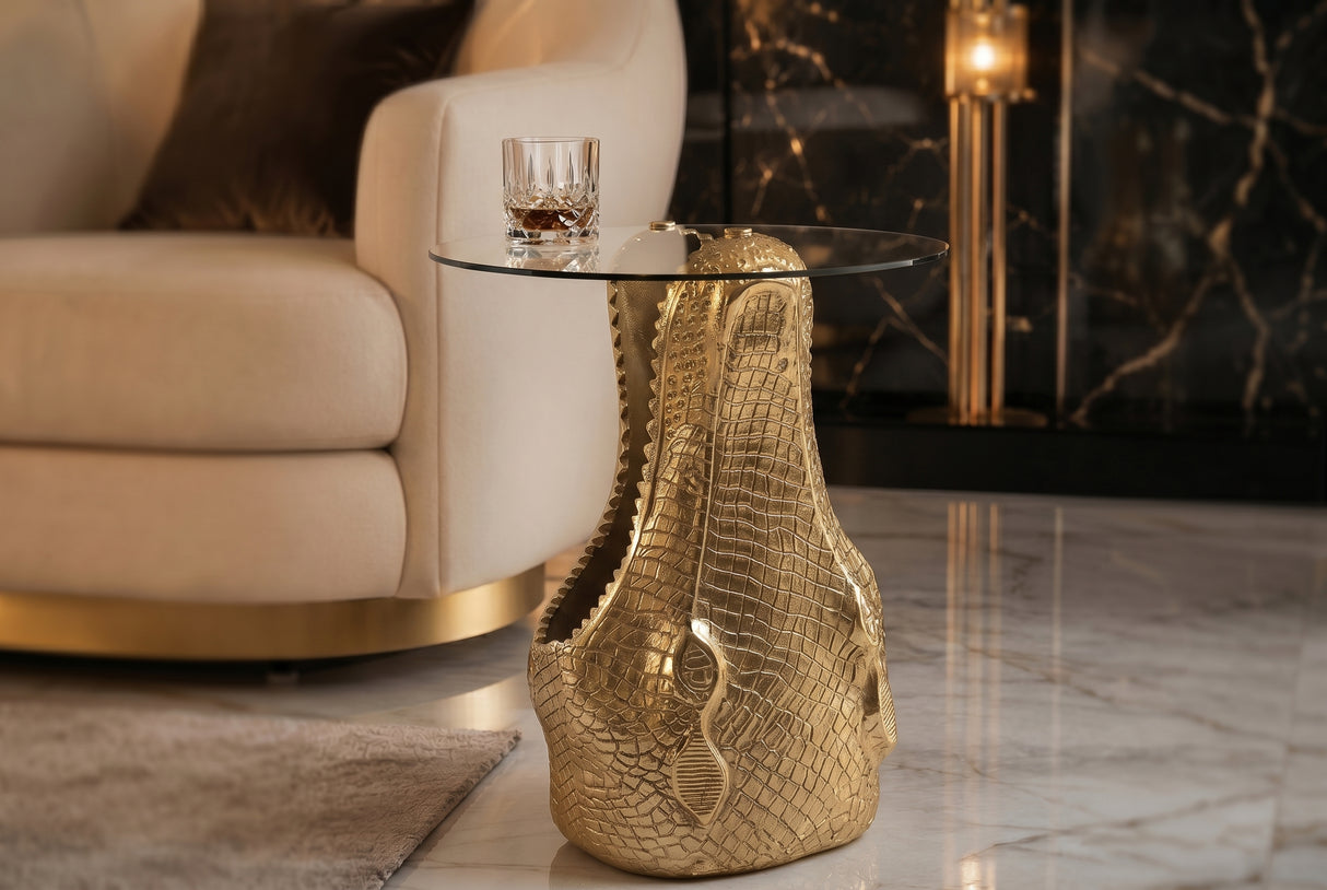 Beistelltisch WILDLIFE KROKODIL, runder Couchtisch, 50 cm Durchmesser, gehärtetes Glas, Gold