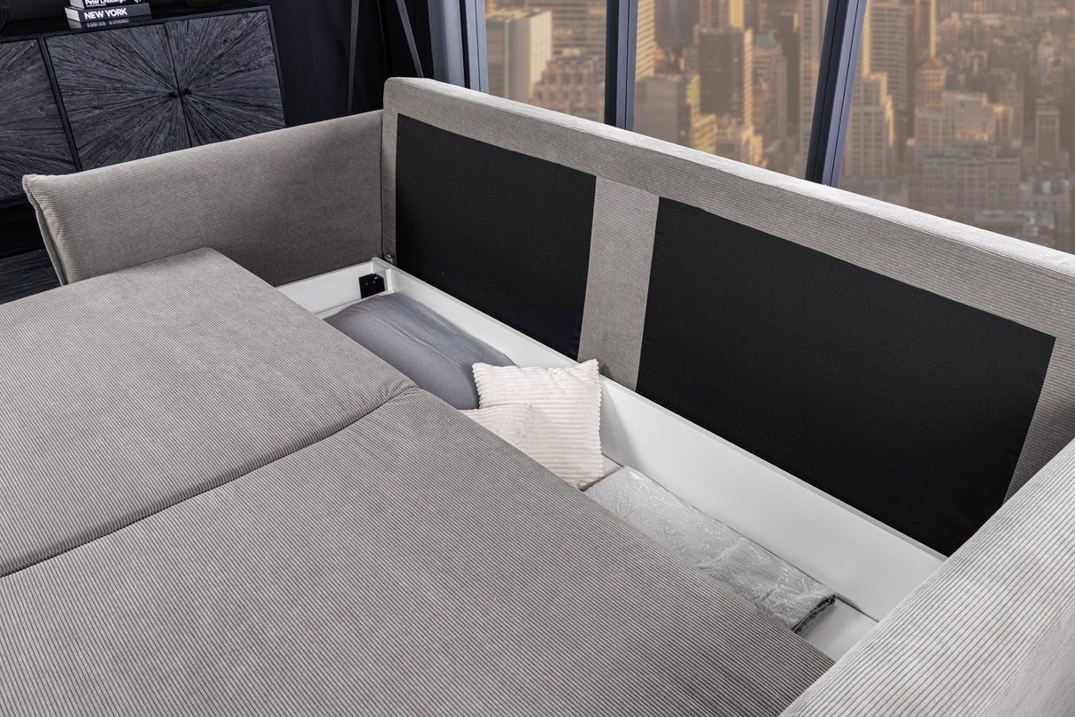Sofa bed APARTMENT 215cm 3-seater cord grey w/ storage space