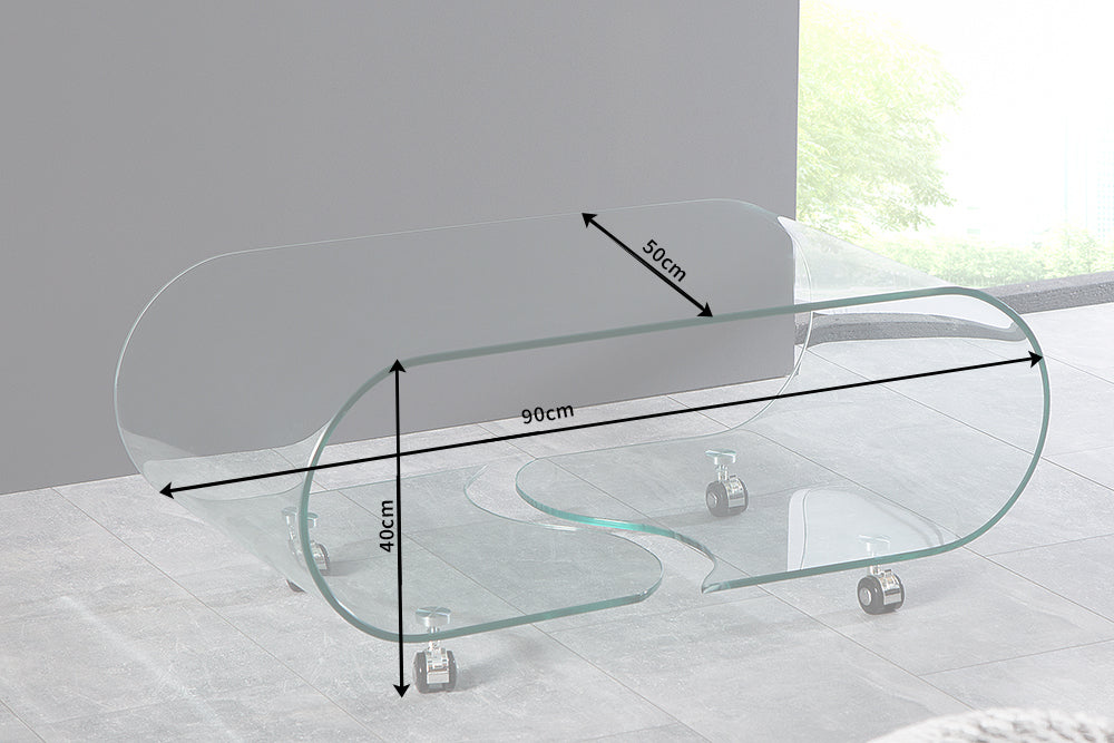 Coffee table FANTOME 90cm with wheels 10mm tempered glass