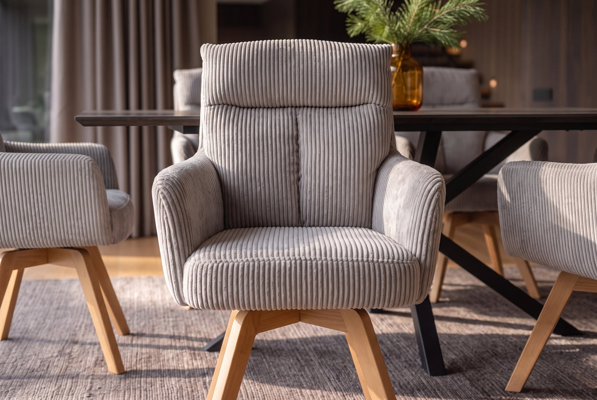 Swivel chair BIG GEORGE 360° rotatable beech wood frame w/ armrests spring core cord greige