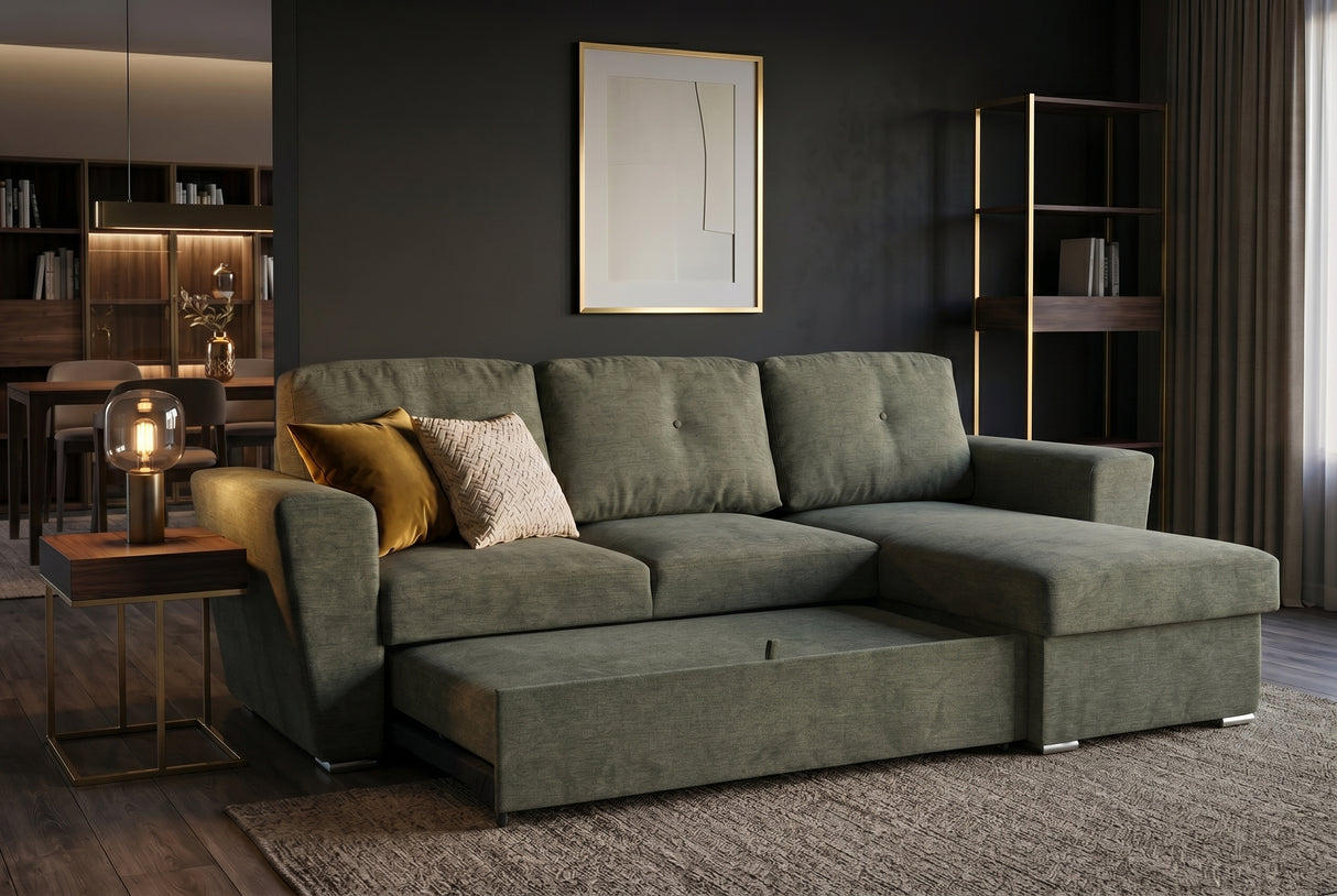 Sofa bed APARTMENT 245cm 3-seater w/ ottoman and storage space textured fabric green