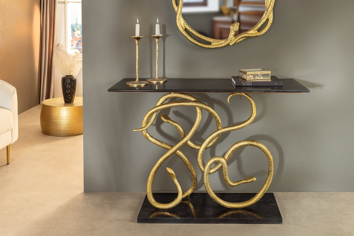 Konsole WILDLIFE SNAKE 115cm goldener Rahmen mit schwarzem Marmorsockel und -platte