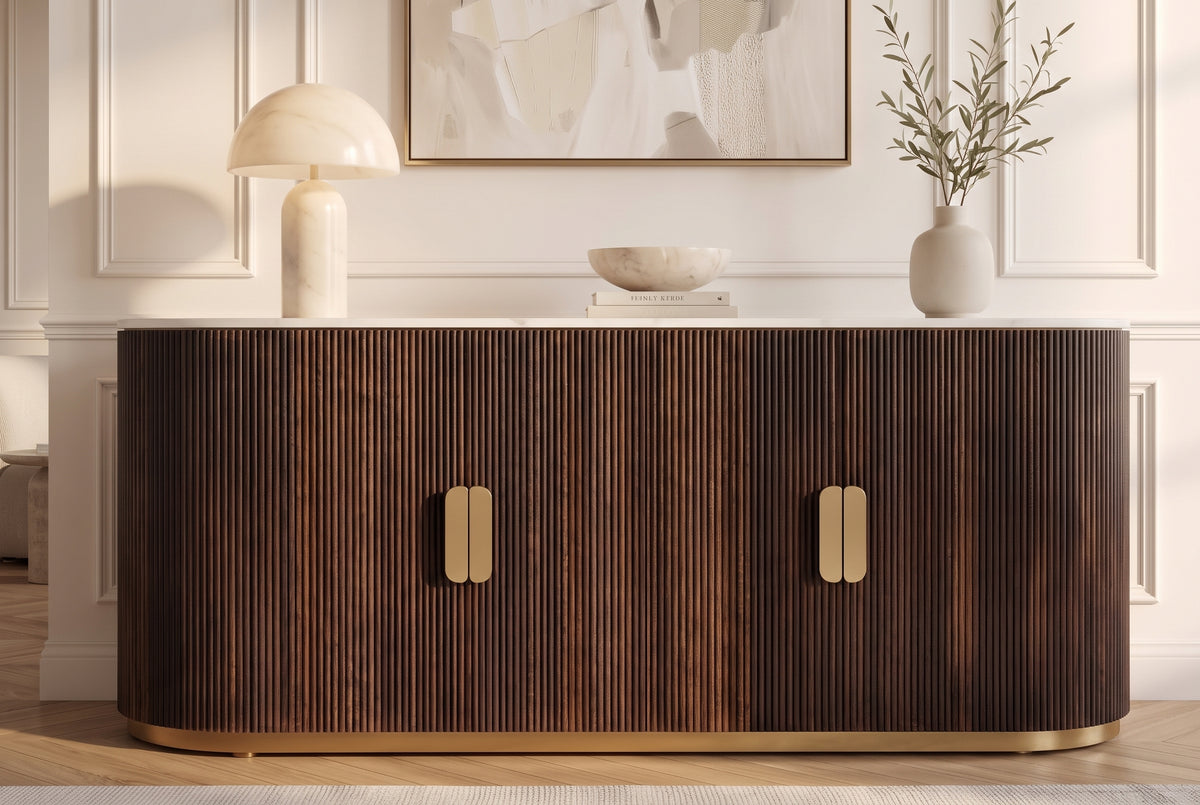 Sideboard GATSBY 170cm mango wood brown w/ white marble top fluted front gold metal details
