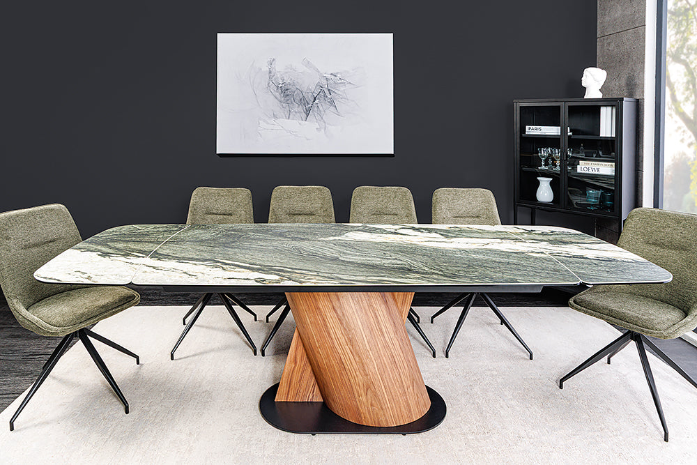 Dining table ELEMENTS 180-260cm extendable walnut frame w/ ceramic top taupe grey marble look