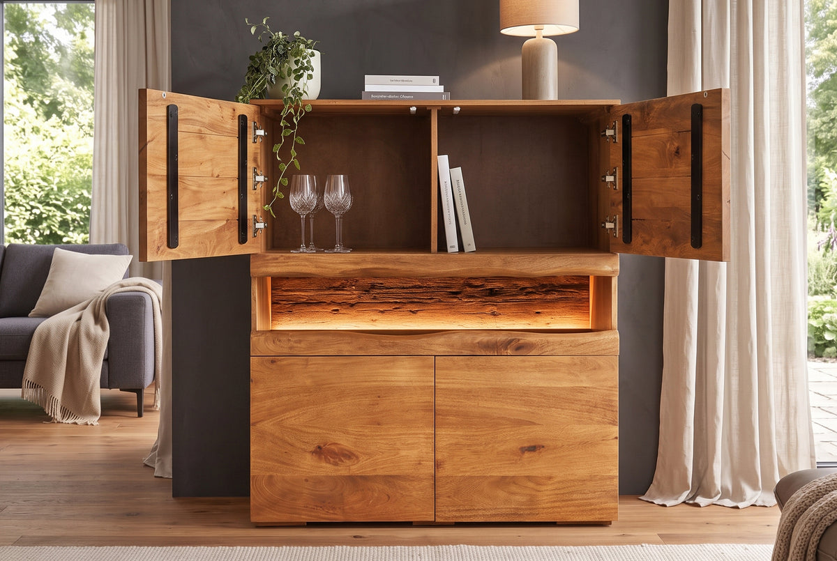 Highboard GRAND MANGO 120cm mango wood brown w/ remote-controlled LED light