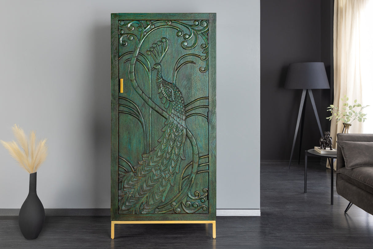 Highboard PEACOCK 170cm 3D mango wood antique look dark green gold handmade