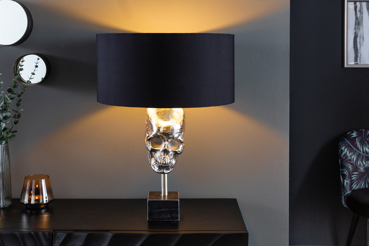 Table lamp SKULL 56cm silver cotton shade black / adjustable lampshade