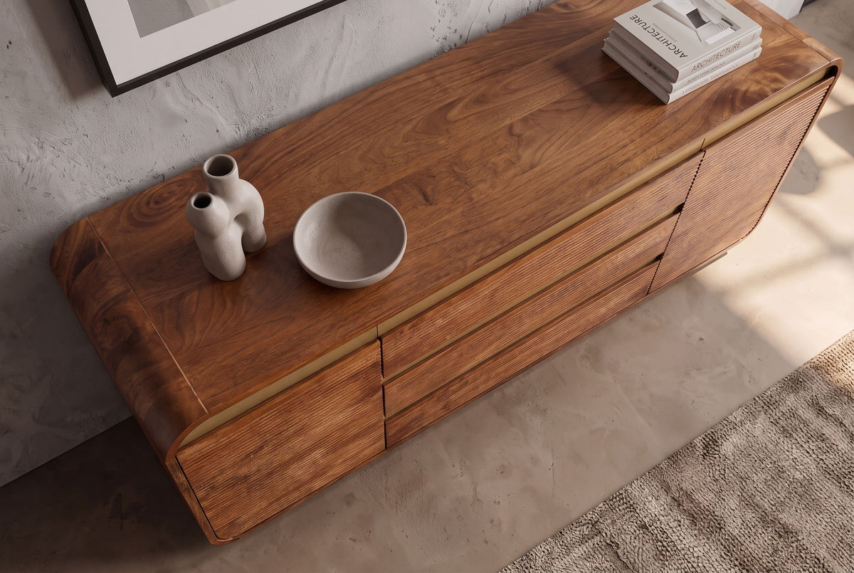 Sideboard MONZA 180cm fluted front rounded edges mango wood brown w/ gold details
