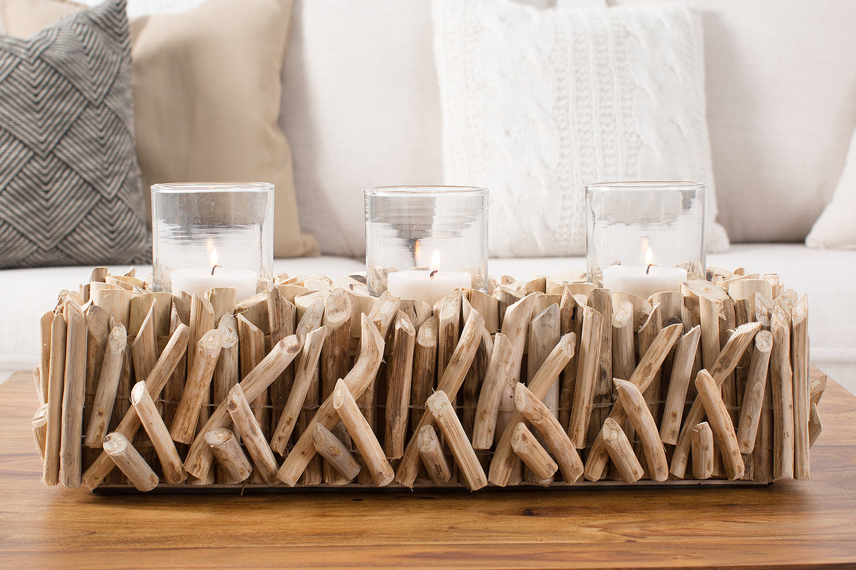 Lantern FOSSIL 50cm driftwood with 3 glasses