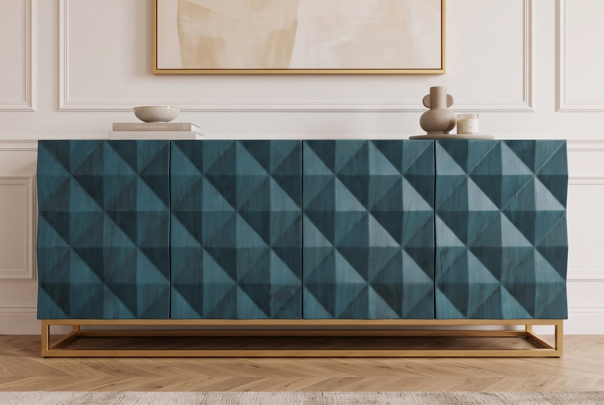 Sideboard VULCANO 180cm 3D front mango wood turquoise w/ gold metal frame