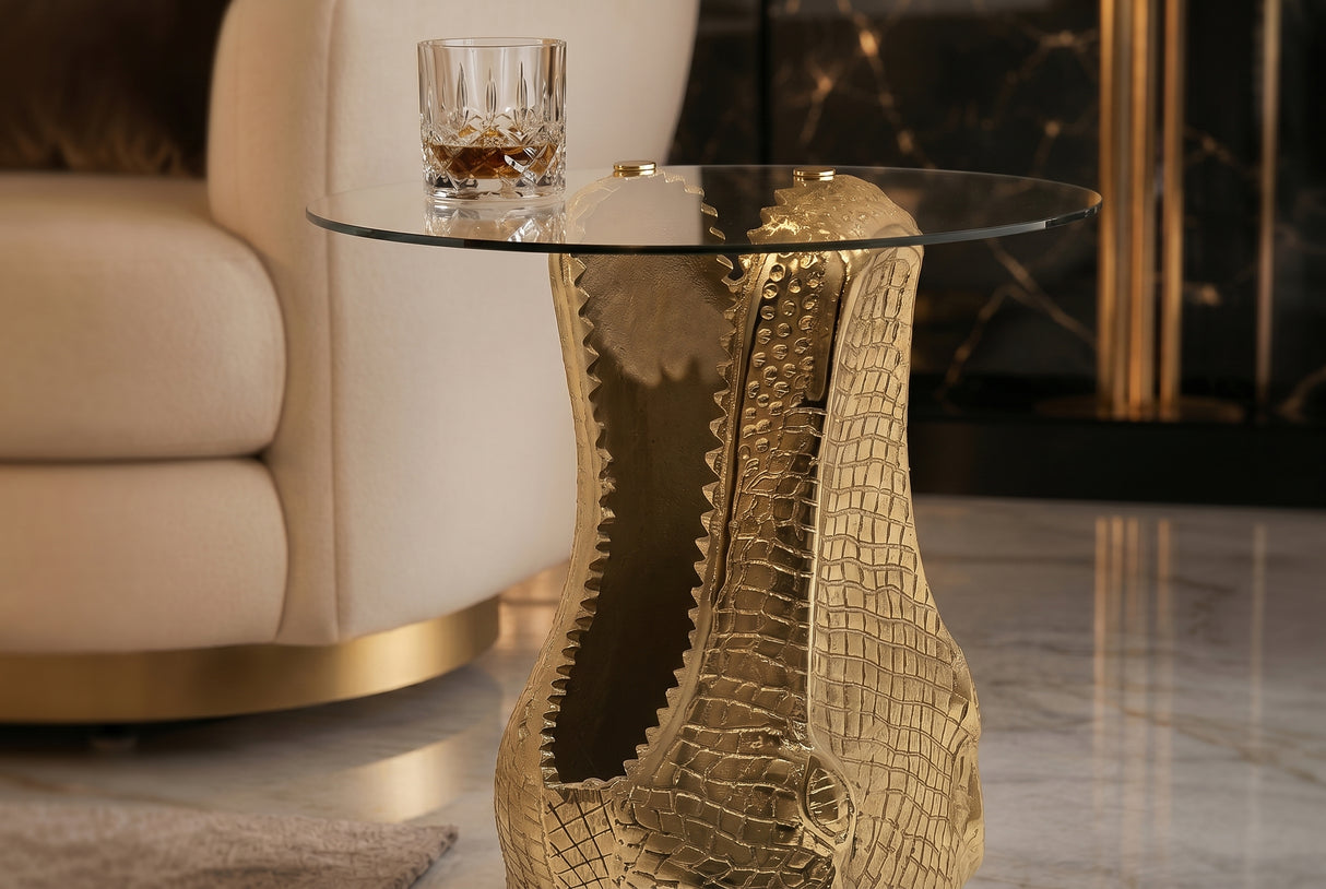 Beistelltisch WILDLIFE KROKODIL, runder Couchtisch, 50 cm Durchmesser, gehärtetes Glas, Gold
