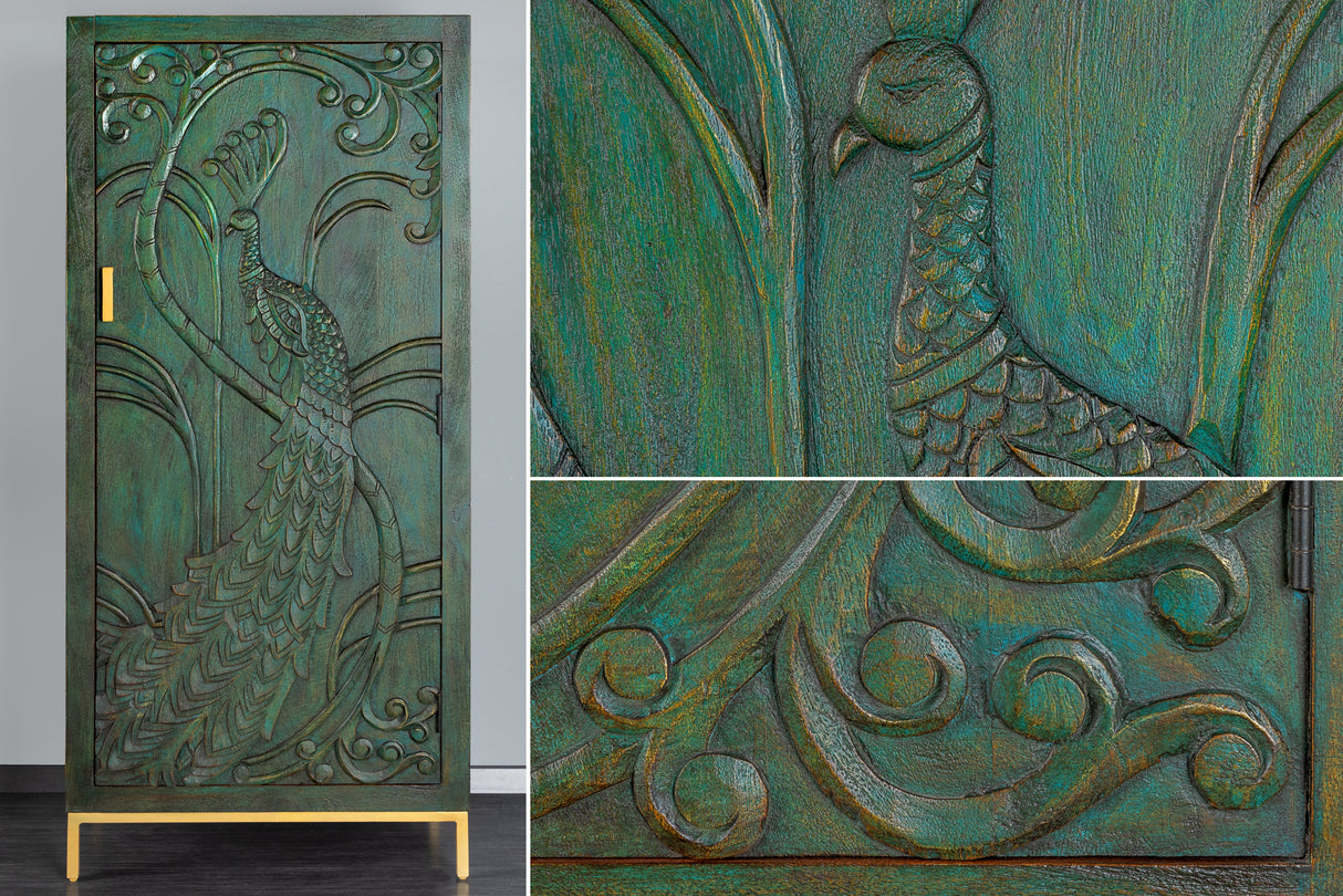 Highboard PEACOCK 170cm 3D mango wood antique look dark green gold handmade