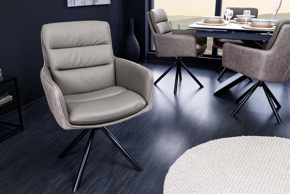 Swivel chair BIG GEORGE 360° with armrests genuine leather and microfibre taupe