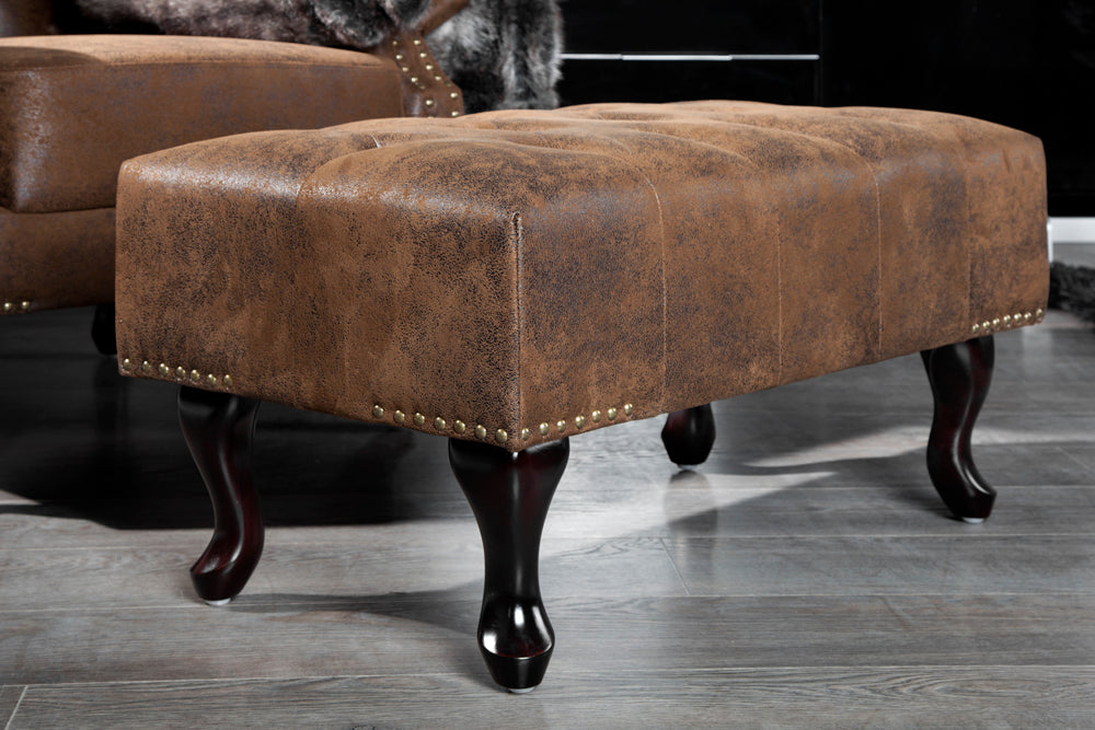 Foot stool CHESTERFIELD antique look microfibre brown