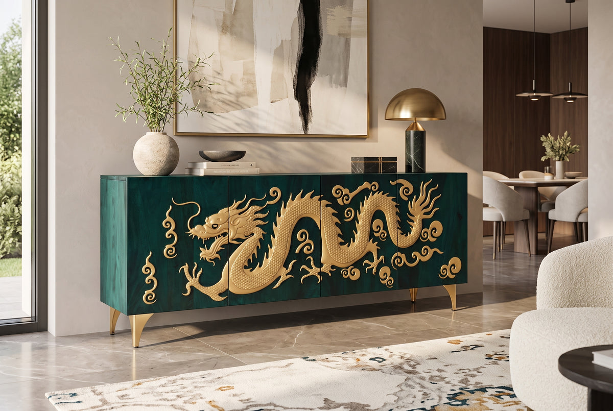 Sideboard DRAGON 180cm 3D dragon front mango wood turquoise w/ gold coloured details