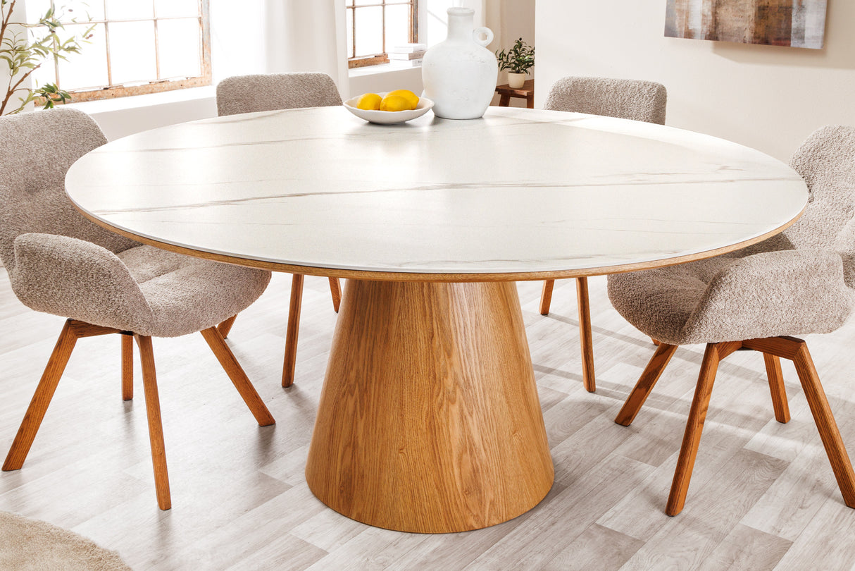 Dining table UNIQUE 120cm round oak wood verneered ceramic white marble top