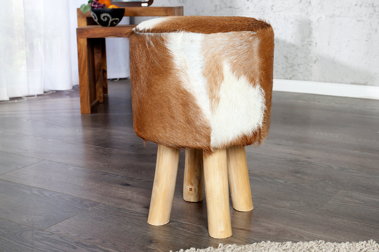 Hocker HIDE 45cm Ziegenleder und Teakholz braun weiß