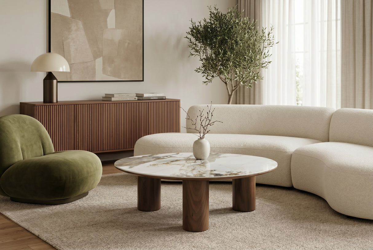 Couchtisch ORGANIKO 110cm weiß-braune Keramikoptik m. Nussbaum-Holzoptik-Gestell