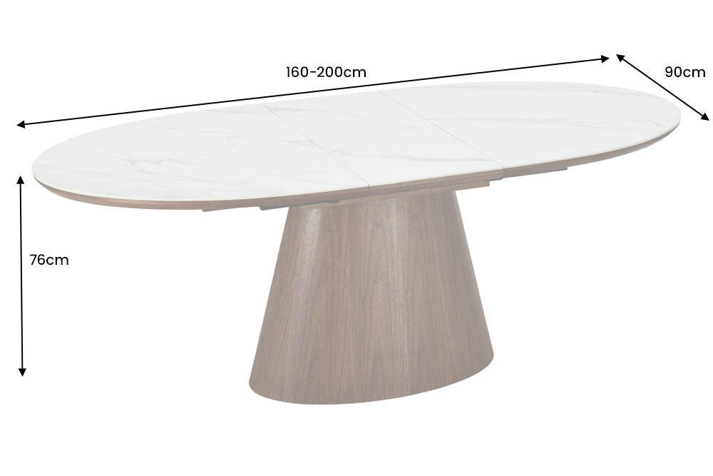 Dining table UNIQUE 160-200cm extendable dark walnut wood look white ceramic marble top