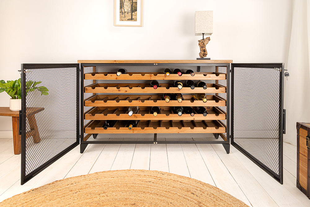 Weinschrank BODEGA 130cm für 55 Flaschen Tannenholz natur mit schwarzem Metallrahmen