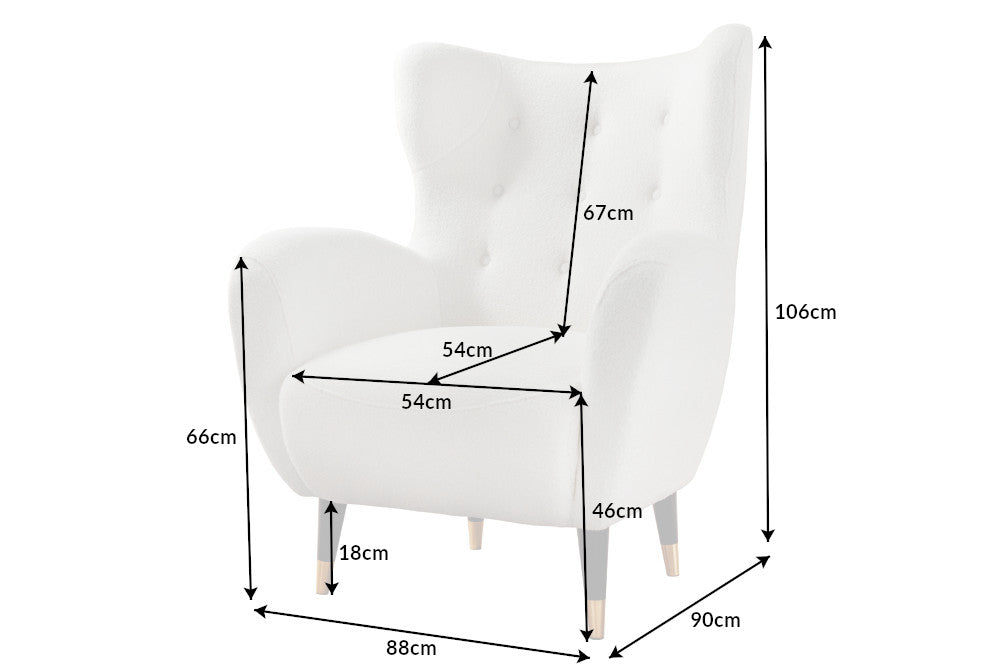 Ohrensessel DON mit goldenen Kappen Bouclé weiß