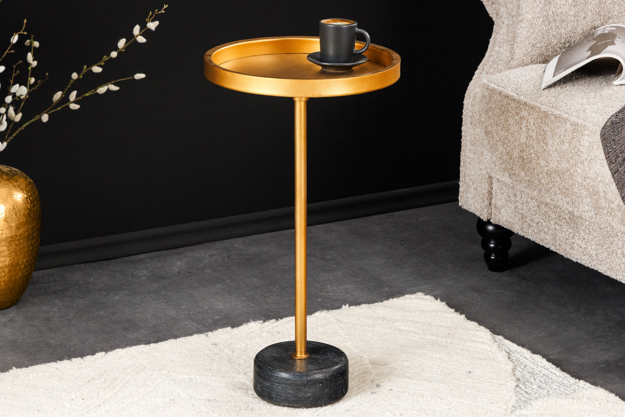 Beistelltisch TRAYFUL 60cm grauer Marmorsockel goldener Rahmen und Platte