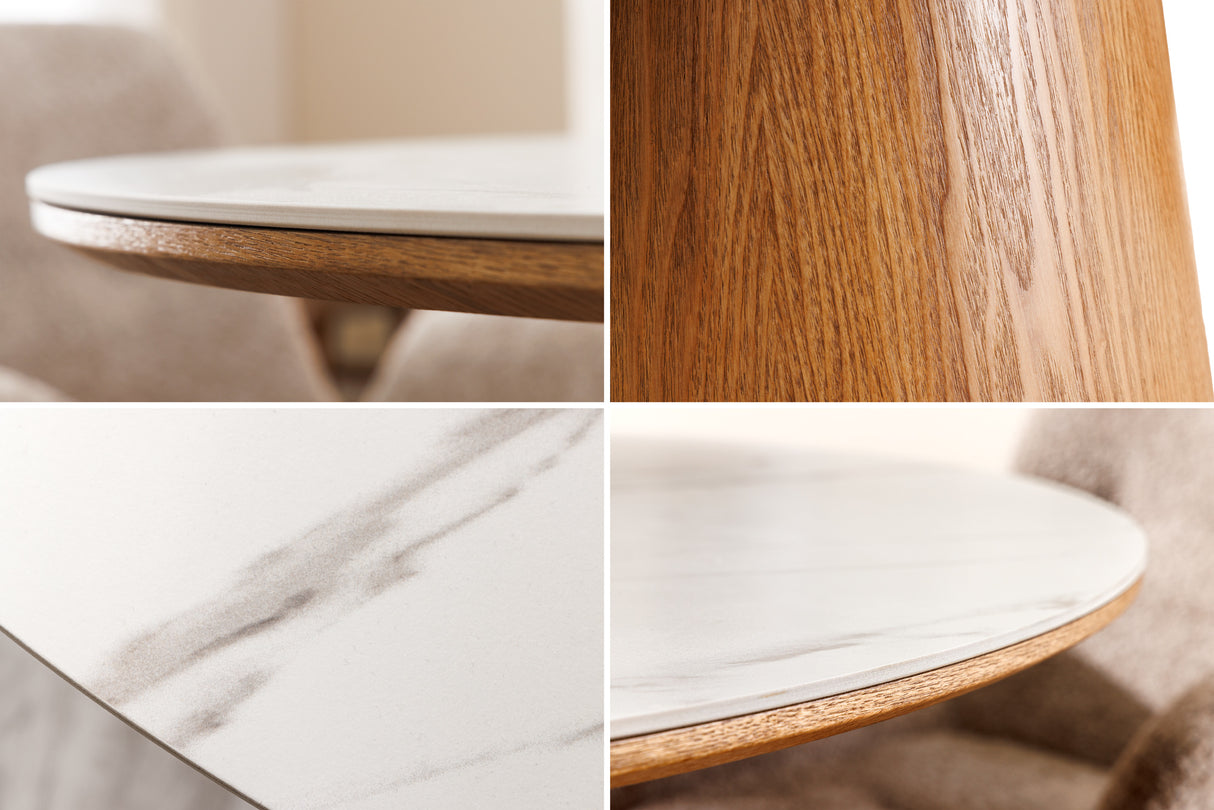 Dining table UNIQUE 120cm round oak wood verneered ceramic white marble top