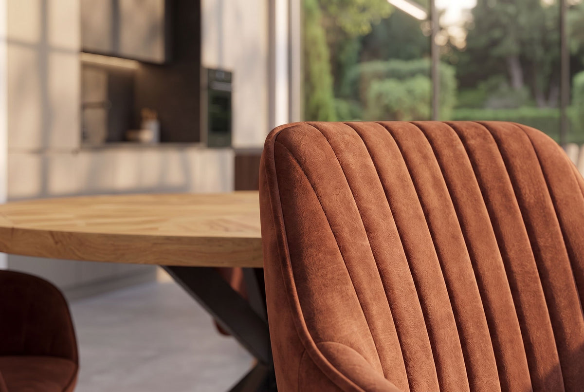 Swivel chair LIVORNO 180° auto-return w/ armrests velvet rust brown beech wood swivel base