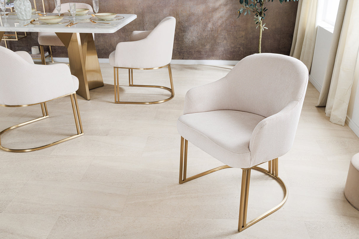 Stuhl EXTRAVAGANCIA beige Cord mit Armlehnen und champagnergoldenem Gestell