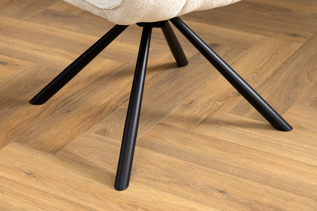 Drehstuhl UNIQUE 180° mit Armlehnen Chenillestoff champagnerbeige und schwarzen Beinen