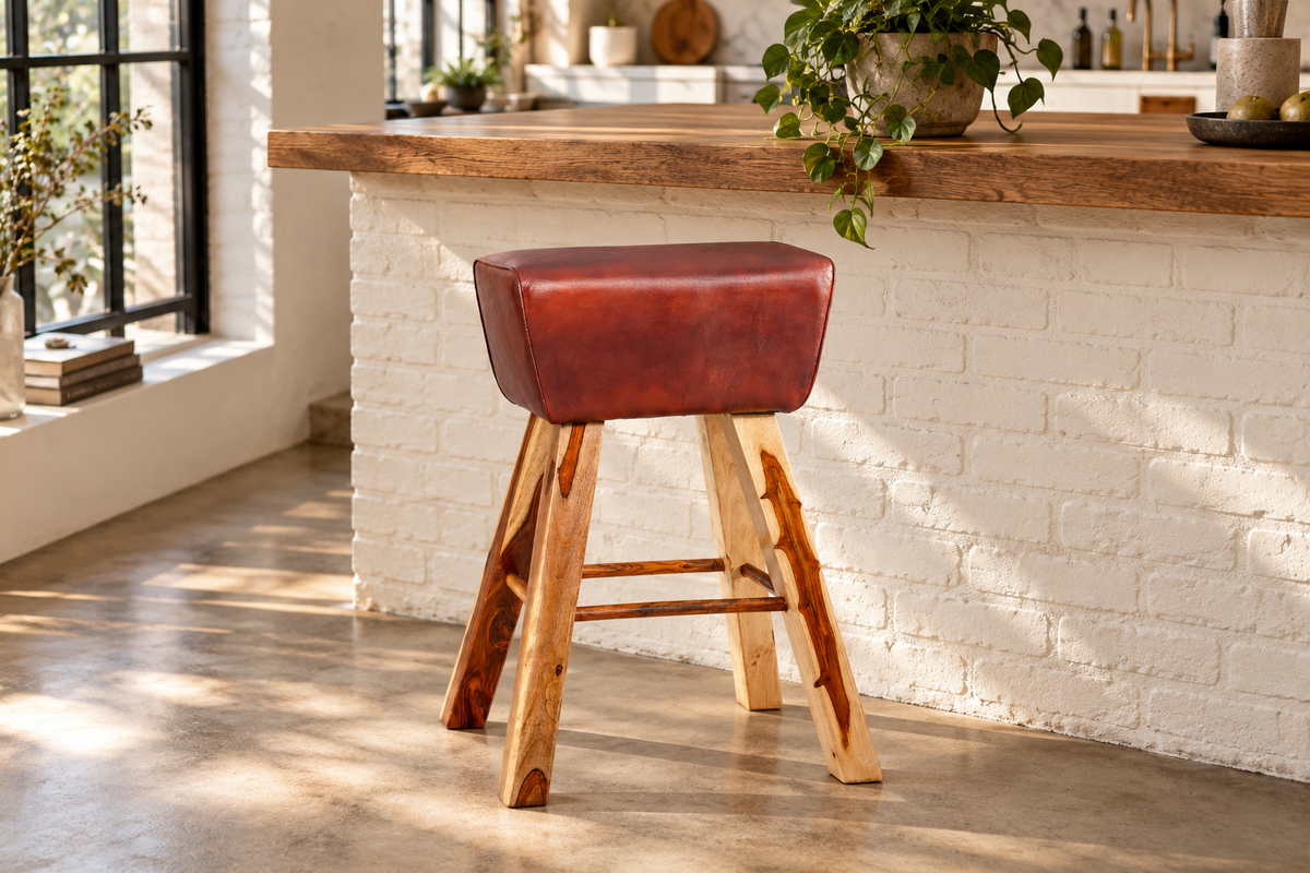 Barhocker TURNBOCK 75 cm Sitz gepolstert Mangoholz natur Echtleder kaffeebraun