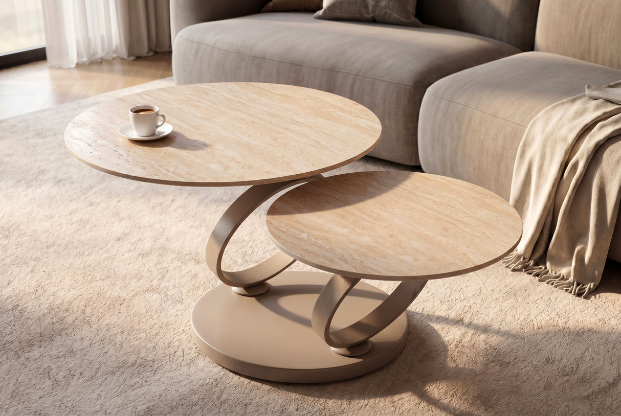 Coffee table DANCING RINGS round rotatable travertine ceramic champagne greige