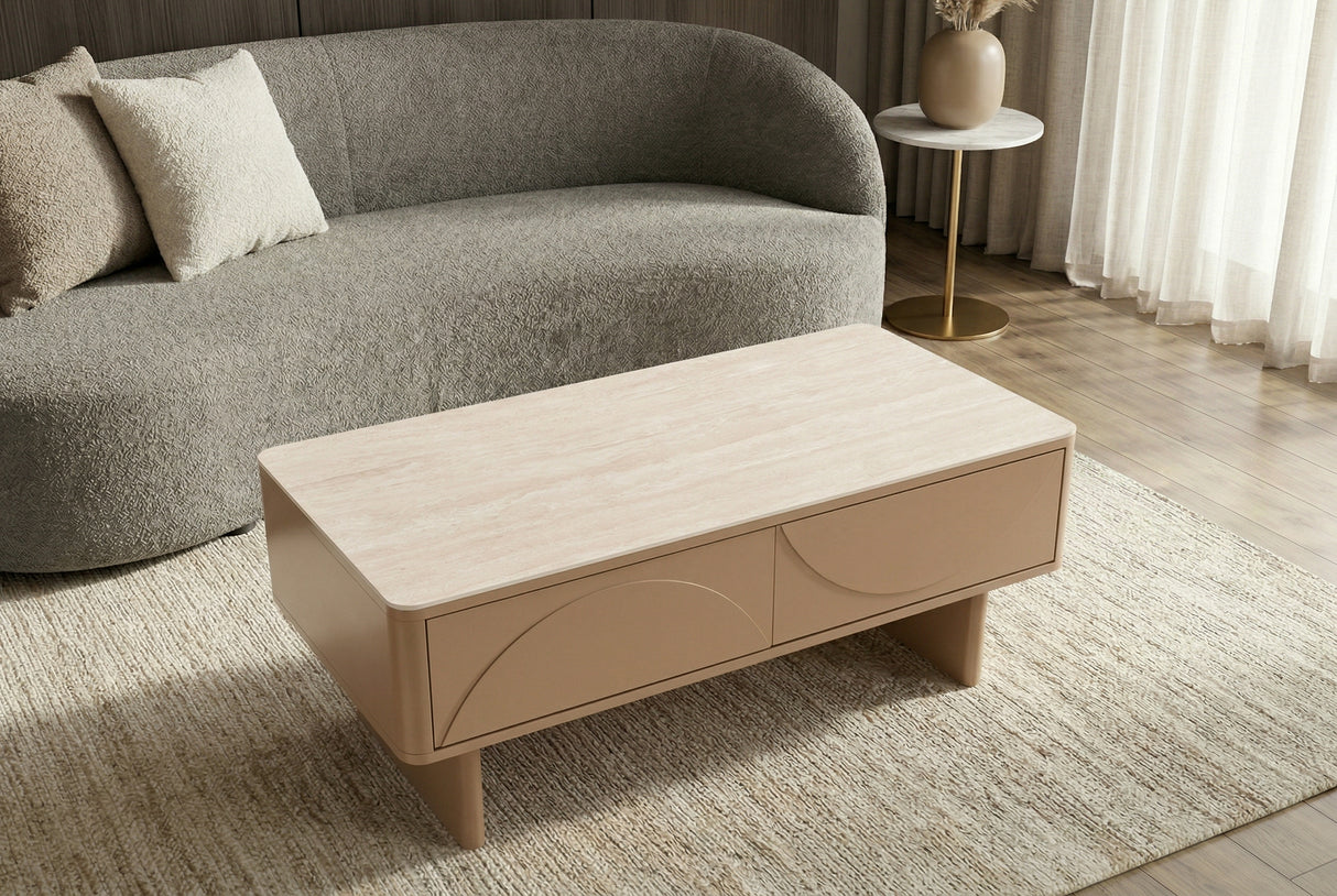 Coffee table SAVOY 120cm 3D natural w/ travertine marble ceramic top
