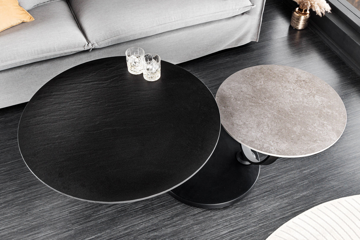 Couchtisch DANCING RINGS 80-135cm drehbar Keramik schwarz und grau