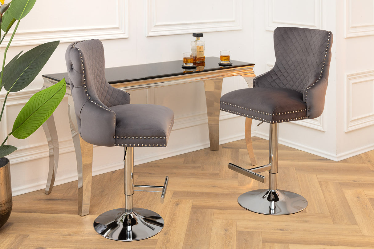 Bar stool CASTLE height adjustable w/ lion´s head handle velvet grey in baroque style