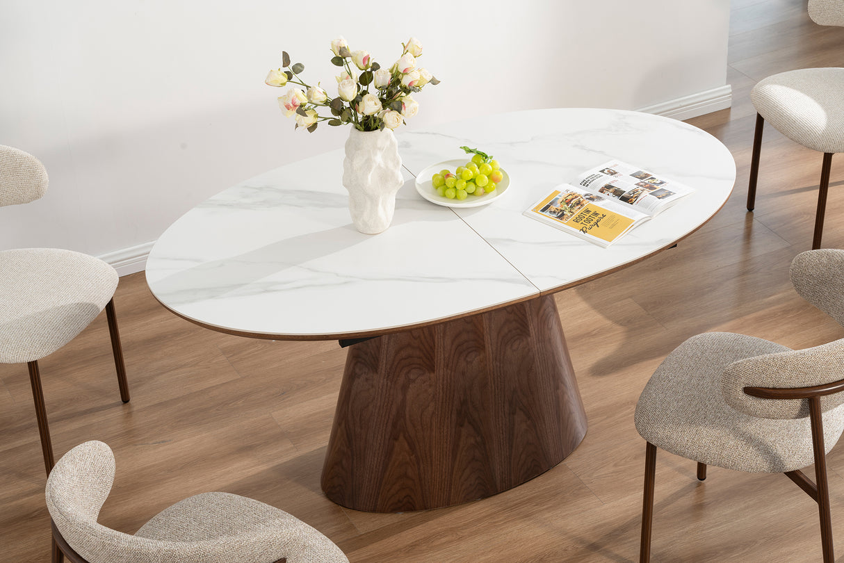 Dining table UNIQUE 160-200cm extendable dark walnut wood look white ceramic marble top