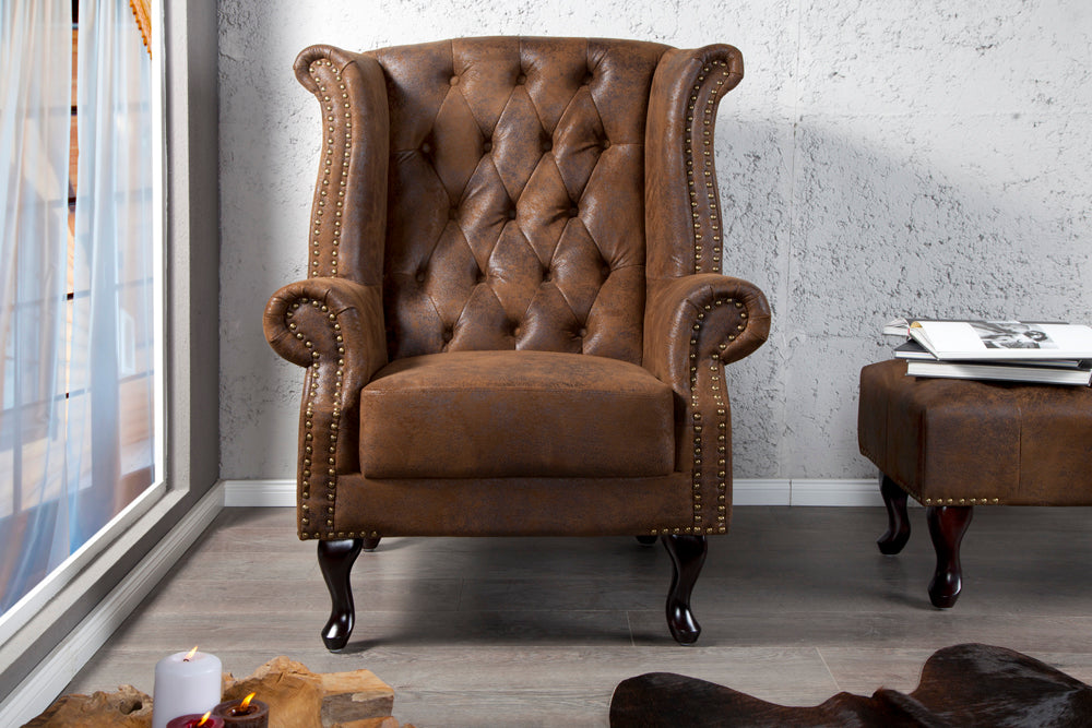 Wing chair CHESTERFIELD antique look brown