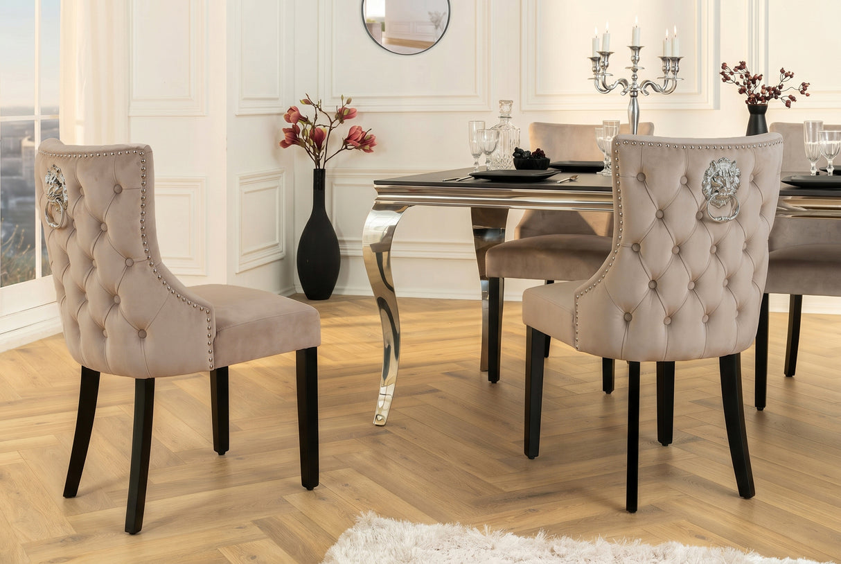 Chair CASTLE DELUXE w/ lion´s head handle velvet cappucchino legs black in chesterfield style