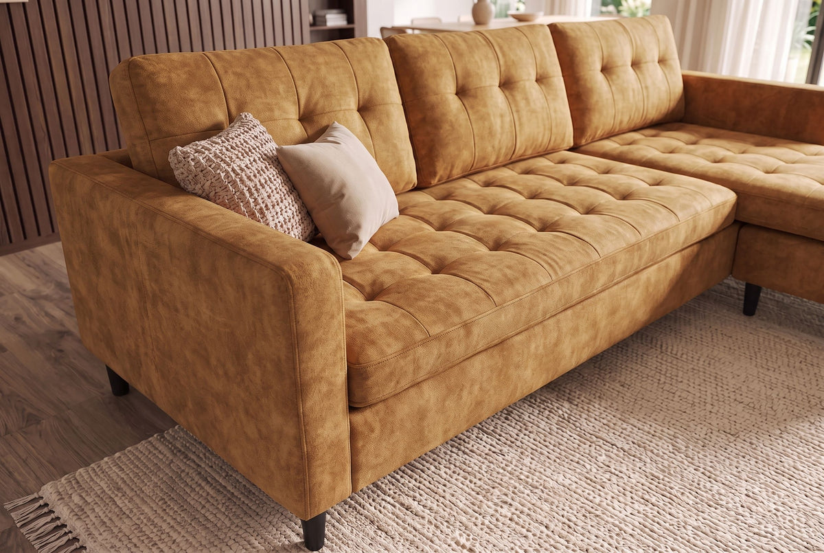 Corner sofa STOCKHOLM 220cm 3-seater w/ ottoman button tufted look velvet mustard yellow